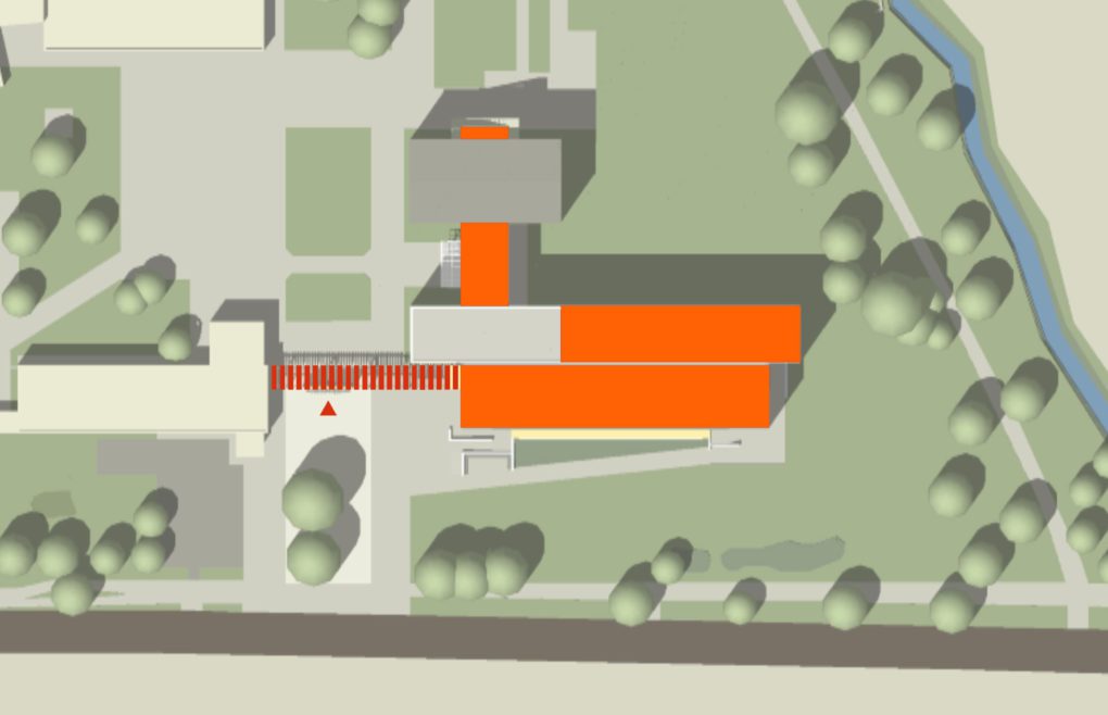 Lageplan der Röntgen Gesamtschule Zepernick mit orange makierten Anbau